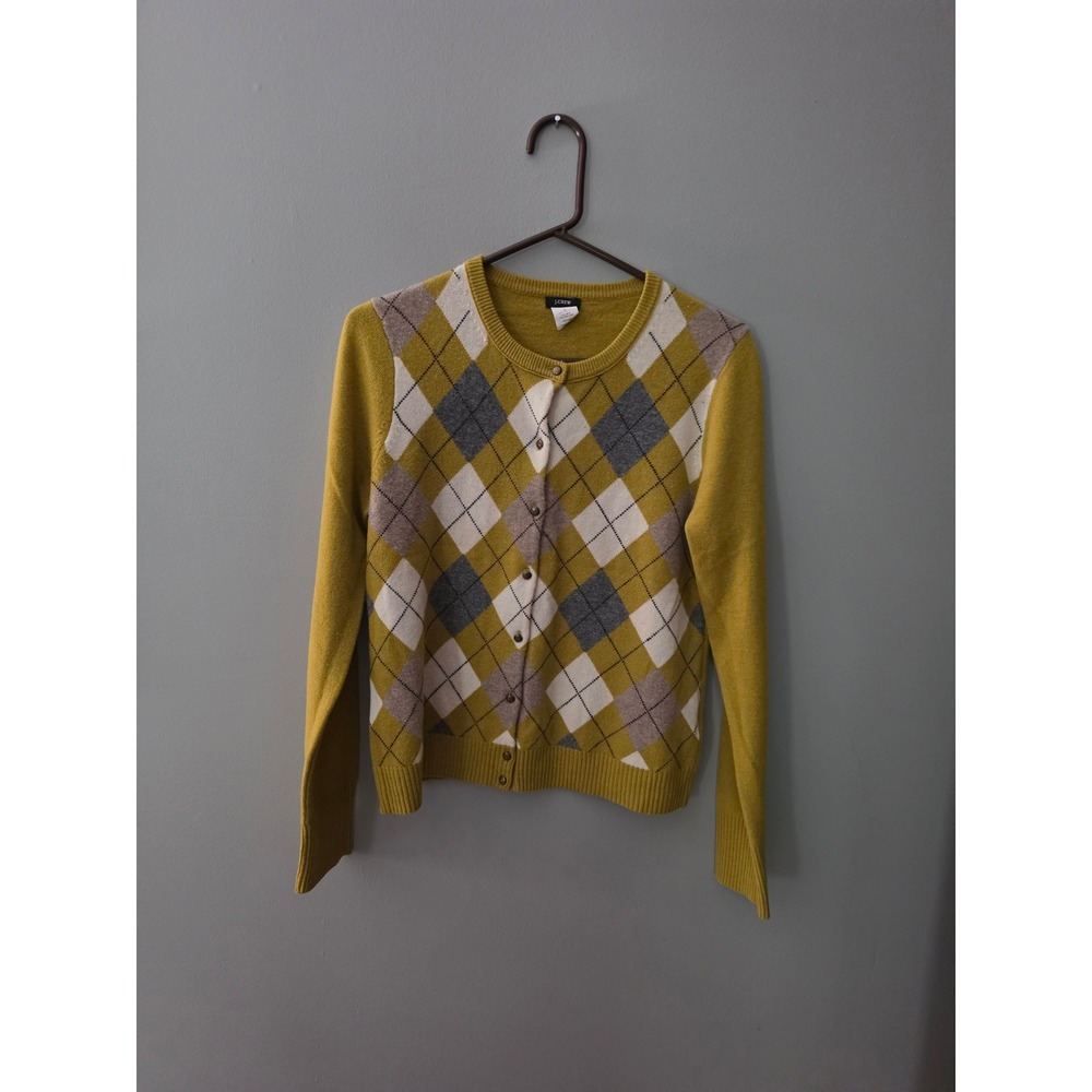 J.Crew Argyle Cardigan Mustard Wool Cashmere Blend Large #old money #collegiate